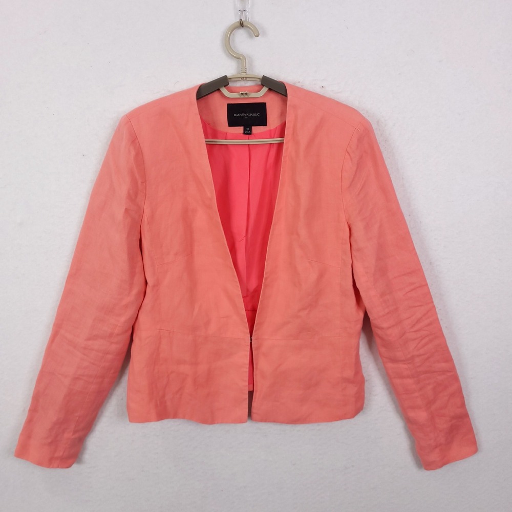 Banana Republic Linen Blazer Womens 10 Coral Pink Collarless Open Front Jacket